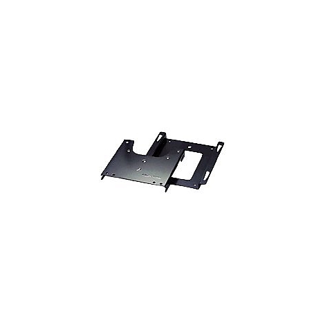 Support métallique noir, rectangulaire avec découpes et trous.