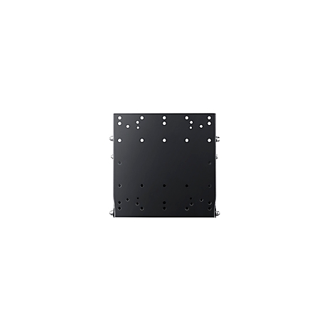 Schwarze Metallplatte mit mehreren Löchern und Schrauben, vor weißem Hintergrund.