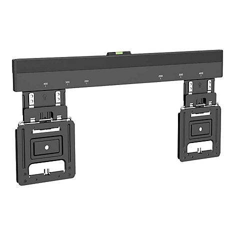 Schwarze TV-Wandhalterung, mit Wasserwaage und Abmessungen 200/300/400 mm.