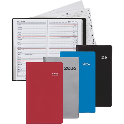 Plusieurs carnets et un carnet ouvert avec une vue journalière, année 2026. Couleurs: Rouge, gris, bleu, noir. Les fonds sont blancs.