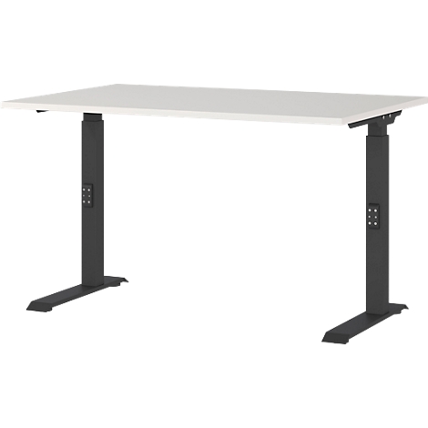 In hoogte verstelbaar bureau. Witte tafelblad, grijze poten, bedieningspaneel.