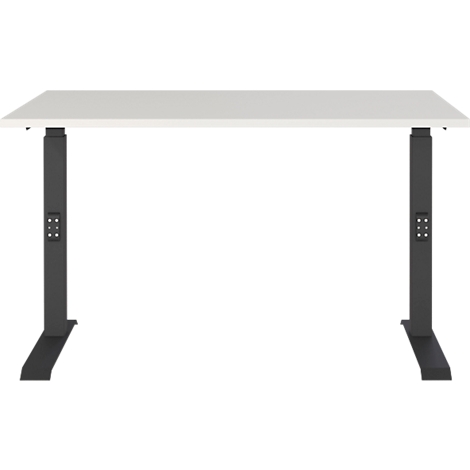 Een witte in hoogte verstelbare bureau met een zwart frame, tegen een witte achtergrond.