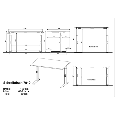 Technische tekening van een in hoogte verstelbaar bureau, diverse aanzichten met afmetingen, details en het label "Schreibtisch 7910".