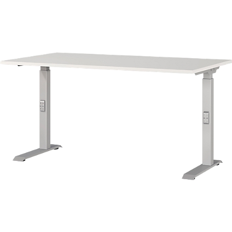 Een witte, in hoogte verstelbare bureau tegen een witte achtergrond. De poten van het bureau zijn grijs en hebben bediening.