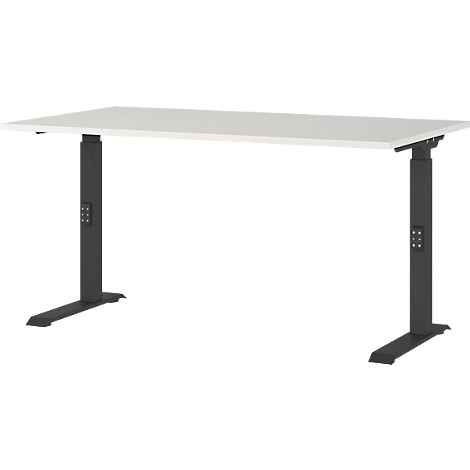 Bureau met een wit tafelblad en zwart, in hoogte verstelbaar frame.