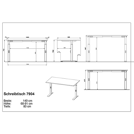 Schetsen van een in hoogte verstelbaar bureau met afmetingen. Een bureau is in detail afgebeeld.