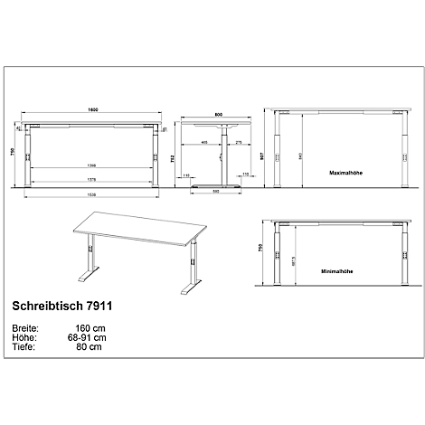 Tekening van een bureau met afmetingen en details over hoogte en breedte.