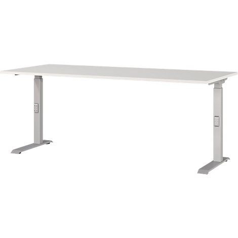 Een in hoogte verstelbaar wit bureau met grijze poten, op een witte achtergrond.
