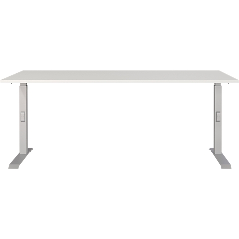 Witte, in hoogte verstelbare bureau tegen een witte achtergrond. Twee metalen poten ondersteunen het tafelblad.