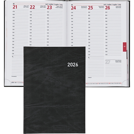 Carnet noir avec l'inscription en relief '2026'. Le livre ouvert affiche un planning hebdomadaire avec dates, heures et noms de jours.
