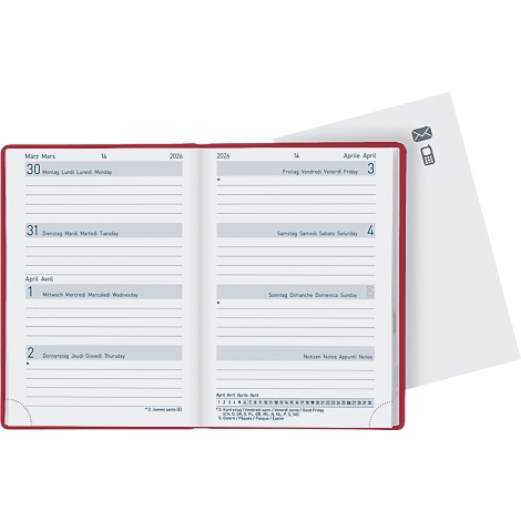 Agenda rouge ouverte avec semaines de calendrier et pages de notes. À droite, une feuille blanche avec des symboles.