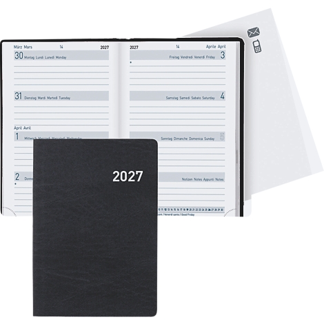Carnet noir avec l'année 2027, à côté d'un calendrier ouvert, avec des dates et des notes. Une note blanche avec des symboles est à droite.