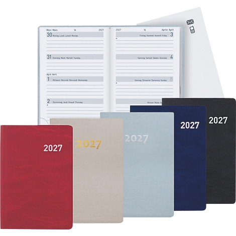 Plusieurs carnets 2027 de différentes couleurs et calendrier ouvert. Inscriptions sur les couvertures : 2027.