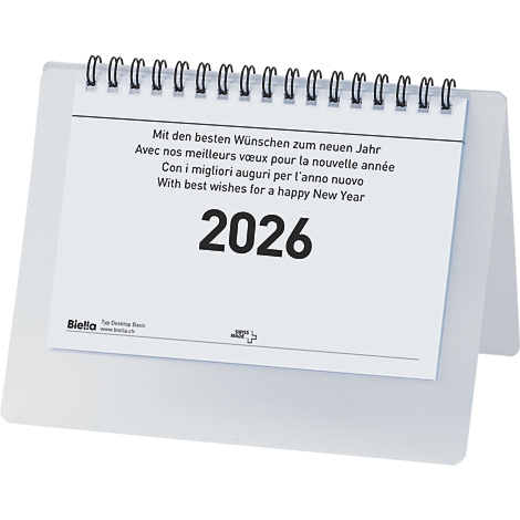 Un calendrier de bureau affichant l'année 2026 avec des vœux de bonne année en différentes langues.