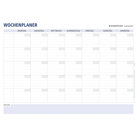 Planificateur hebdomadaire avec des champs gris pour les jours de la semaine du lundi au dimanche. "Wochenplaner" est en haut.