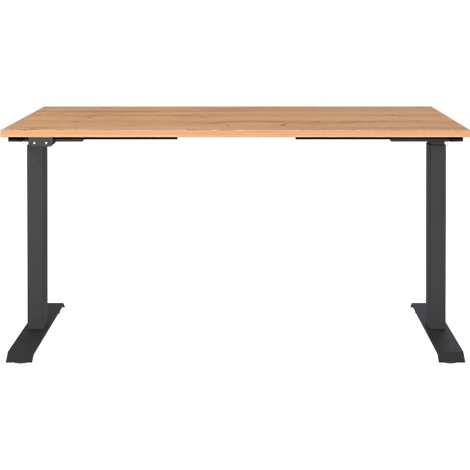 Een in hoogte verstelbaar bureau met een houten blad en zwarte poten. Het tafelblad heeft een lichte houtnerf.