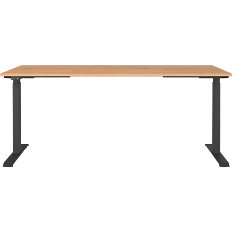 Lichtbruine bureau met zwarte poten. De tafel is continu in het midden, de poten staan 