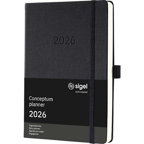 Carnet noir avec l'inscription "2026", élastique et logo.