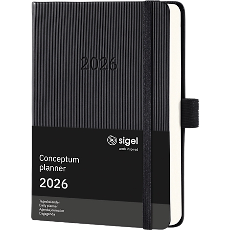 Agenda Conceptum noire pour 2026, avec élastique, le titre du fabricant SIGEL est illustré.