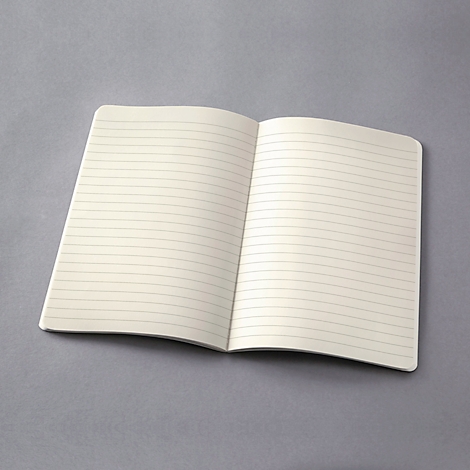 Carnet ligné ouvert sur fond gris. Les pages sont de couleur crème.