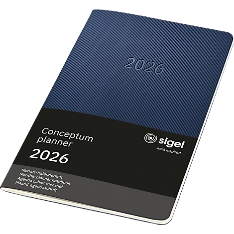Agenda bleue, nervurée. Inscription: "Conceptum planner 2026". Logo "sigel work inspired".