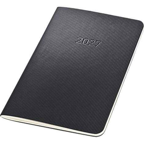 Agenda noir avec une texture nervurée et l'année 2027 au centre.