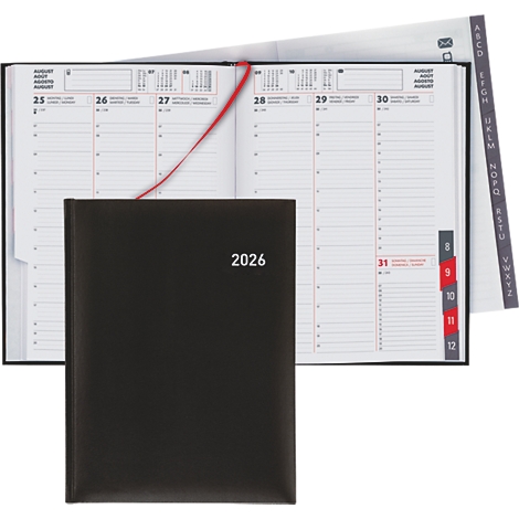 Carnet noir avec l'inscription 2026, ouvert, montrant une vue journalière avec un ruban rouge.