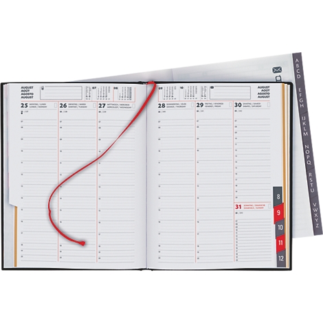 Carnet noir ouvert avec marque-page rouge. Ouvert sur une double page avec dates et lignes de temps, ainsi que des onglets.