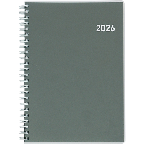 Bloc-notes à spirale gris avec bordure blanche. Sur le côté droit, l'inscription "2026" en blanc. La spirale est argentée.