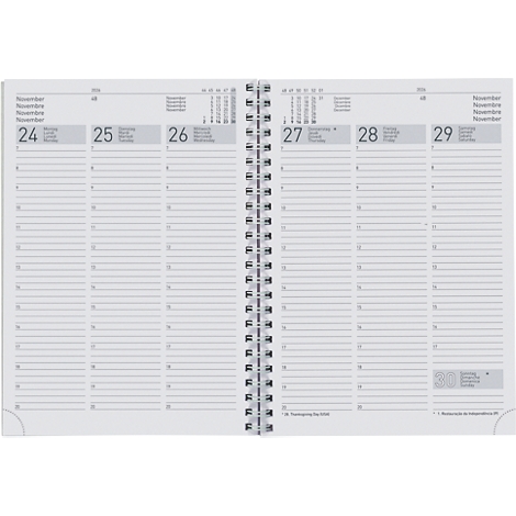 Carnet ouvert avec reliure à spirale. La page de gauche montre les jours 24-26, la droite 27-29. Chaque page comporte de nombreuses lignes horizontales pour écrire.