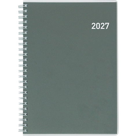 Bloc-notes à spirales gris avec l'année 2027 en blanc.
