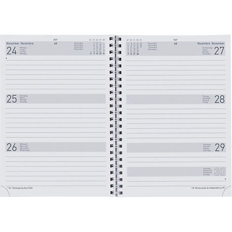 Carnet ouvert avec reliure à spirale. À gauche, les dates des 24, 25 et 26 novembre. À droite, les dates des 27, 28, 29 et 30 novembre.