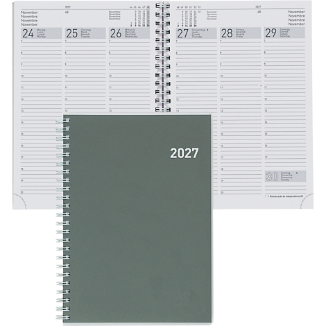 Agenda grise datée de 2027. Le livre ouvert montre l'emploi du temps quotidien. Reliure à spirale, pages de notes.