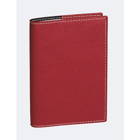 Portefeuille en cuir rouge avec surpiqûres blanches sur fond gris clair.