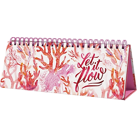 Calendrier de bureau avec reliure à spirale rose, imprimé avec un motif de corail et les mots 'Let it flow'.