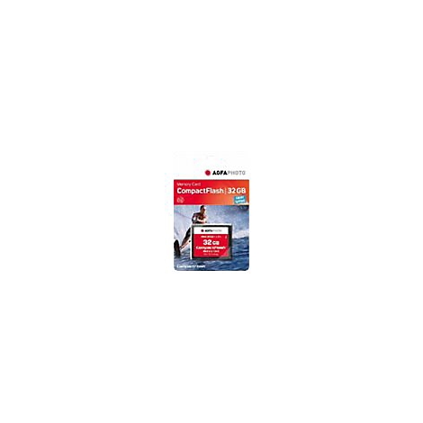AgfaPhoto CompactFlash Speicherkarte mit 32 GB Kapazität in Originalverpackung vor weißem Hintergrund.