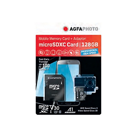 Verkaufsverpackung einer AgfaPhoto 128GB microSDXC-Speicherkarte mit Adapter, Smartphone und Action-Kamera abgebildet.