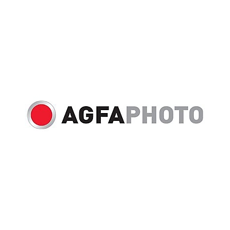 AgfaPhoto Logo: Ein roter Kreis mit silbernem Rand links neben dem schwarzen und grauen Schriftzug AgfaPhoto.