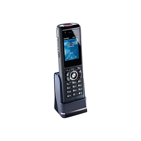 Schwarzes Agfeo DECT 65 IP Schnurlostelefon in der dazugehörigen Ladestation vor weißem Hintergrund.