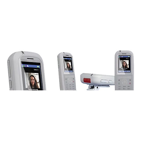 Vier Ansichten eines hellgrauen Agfeo DECT IP-Telefons mit Farbdisplay und Personenfoto.