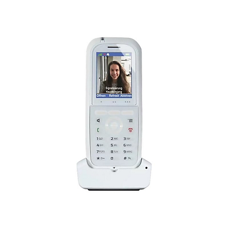 Weißes schnurloses Türsprechtelefon auf Ladestation, Display zeigt Frau mit Text Signalisierung Haupteingang.