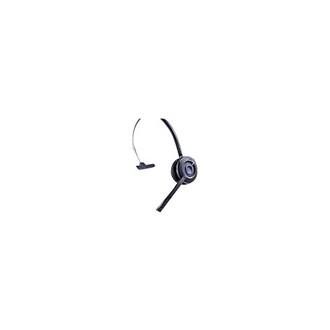 Schwarzes einohrigen Jabra Headset vor weißem Hintergrund.