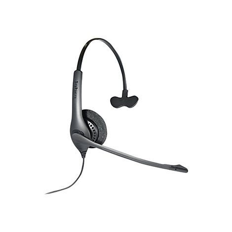 Schwarzes Jabra Headset mit einseitigem Ohrpolster, Kopfbügel und verstellbarem Mikrofonarm vor weißem Hintergrund.