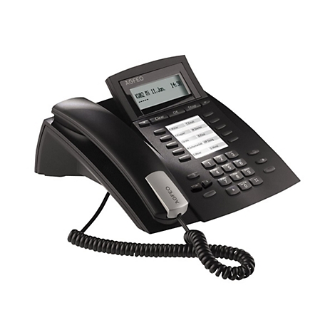 Schwarzes Agfeo Tischtelefon mit Display, Tastenfeld und abgenommenem Hörer vor weißem Hintergrund.