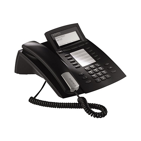 Schwarzes AGFEO IP-Telefon mit Display, Tastenfeld und Hörer auf weißem Hintergrund.