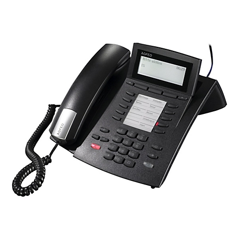 Schwarzes AGFEO IP-Telefon mit Hörer, Display und nummerischem Tastenfeld vor weißem Hintergrund.