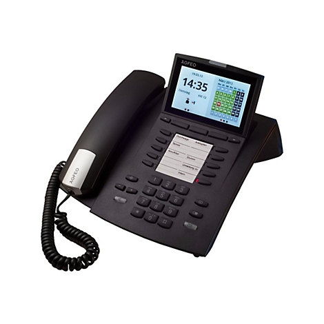 Schwarzes Agfeo Tischtelefon mit Display und Kalenderanzeige auf weißem Hintergrund.