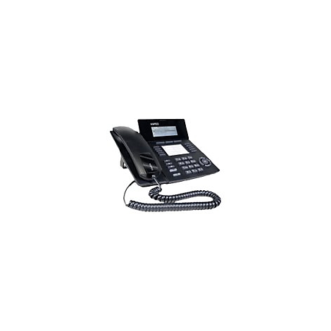 Schwarzes IP-Telefon mit Display und Hörer auf weißem Hintergrund.