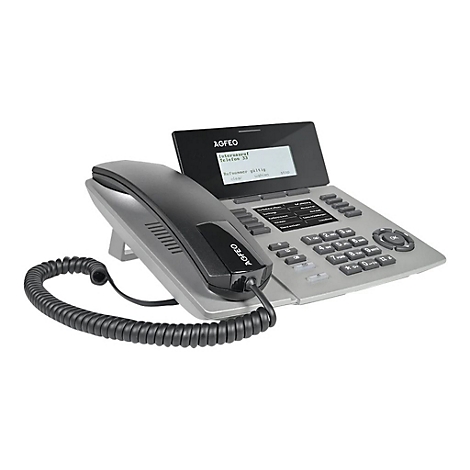 Graues AGFEO Systemtelefon mit schwarzem Hörer und Display vor neutralem Hintergrund.