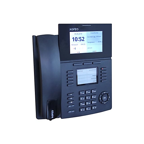 Schwarzes AGFEO-Telefon, Display zeigt Uhrzeit. Tastenfeld mit Zahlen und OK-Taste.